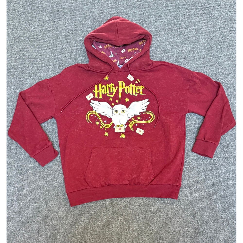 Harry Potter Hedwig Owl Maroon Acid Wash Hoodie Sweatshirt Small Wizarding World